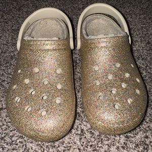 Gold fur lined glitter Crocs